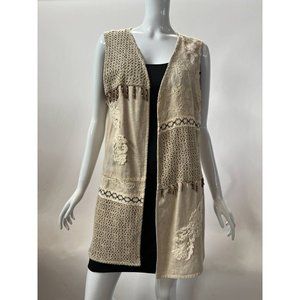 Vintage Megan Moore Womens Open Vest Beige Floral Crochet Embroidered USA 10